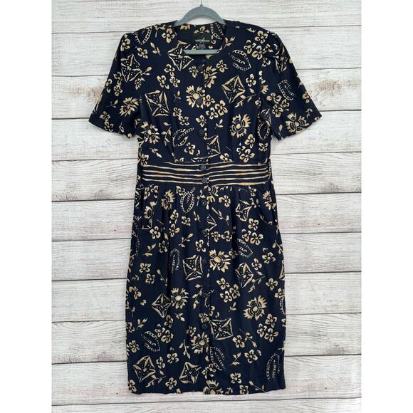 Vintage Positive Attitude Floral Button Down Midi Dress Womens 12 Black Tan - Picture 1 of 9